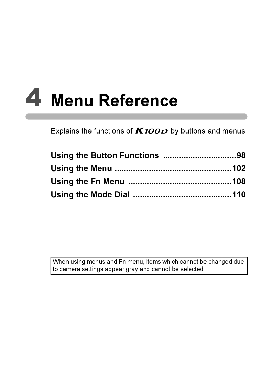 Pentax K100 D specifications Menu Reference 