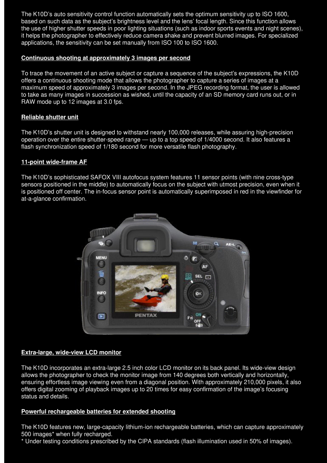 Pentax K10D manual Continuous shooting at approximately 3 images per second, Reliable shutter unit, Point wide-frame AF 