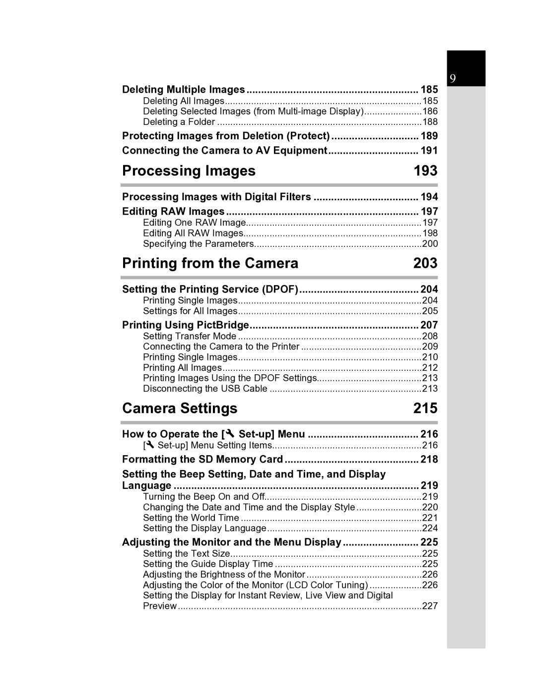 Pentax K20D manual Processing Images, Printing from the Camera, Camera Settings 