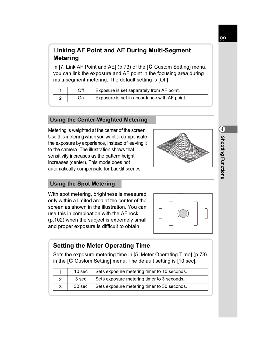 Pentax K20D manual Linking AF Point and AE During Multi-Segment Metering, Setting the Meter Operating Time 