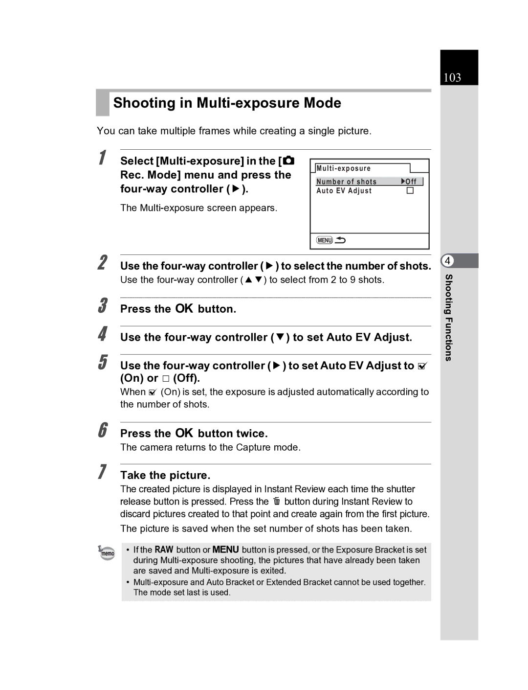 Pentax K20D manual Shooting in Multi-exposure Mode, 103, Use the four-way controller 5 to select the number of shots 