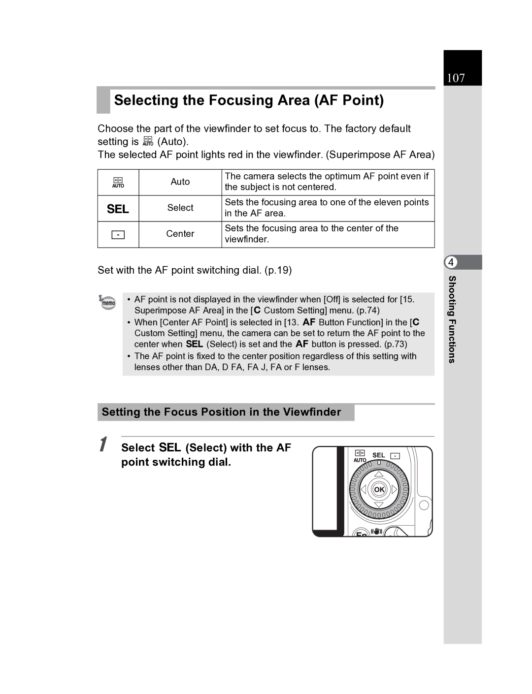 Pentax K20D manual Selecting the Focusing Area AF Point, 107, Sets the focusing area to one of the eleven points, AF area 