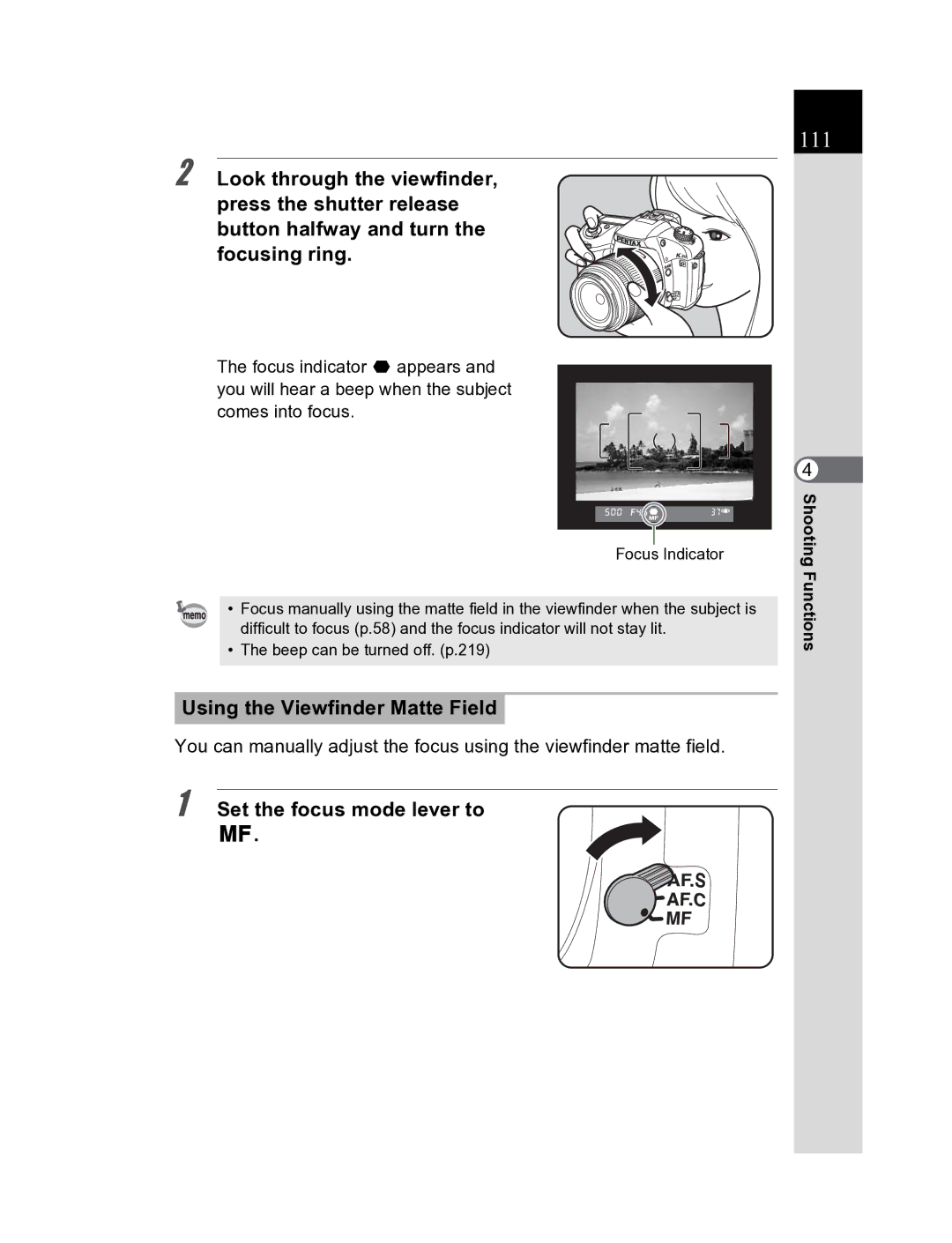 Pentax K20D manual 111, Using the Viewfinder Matte Field 