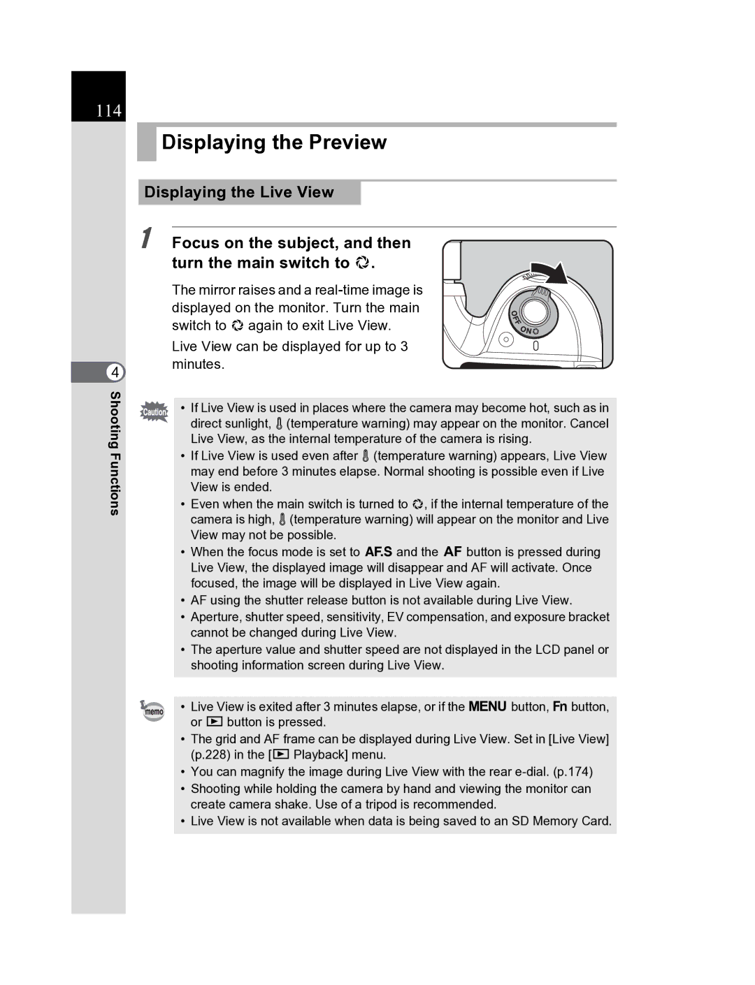 Pentax K20D Displaying the Preview, 114, Displaying the Live View, Focus on the subject, and then turn the main switch to 