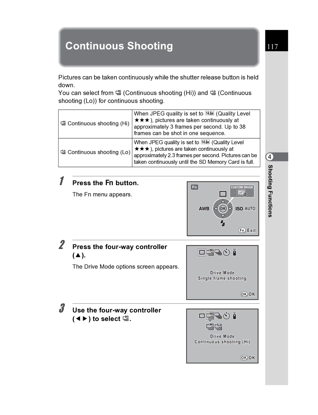 Pentax K20D manual Continuous Shooting, 117, Use the four-way controller 45 to select g 