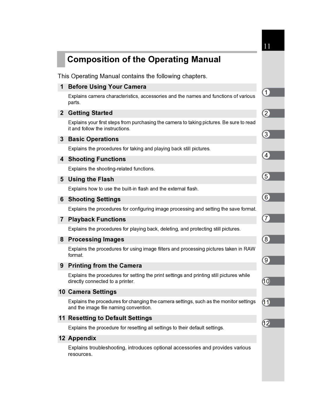 Pentax K20D manual Composition of the Operating Manual 