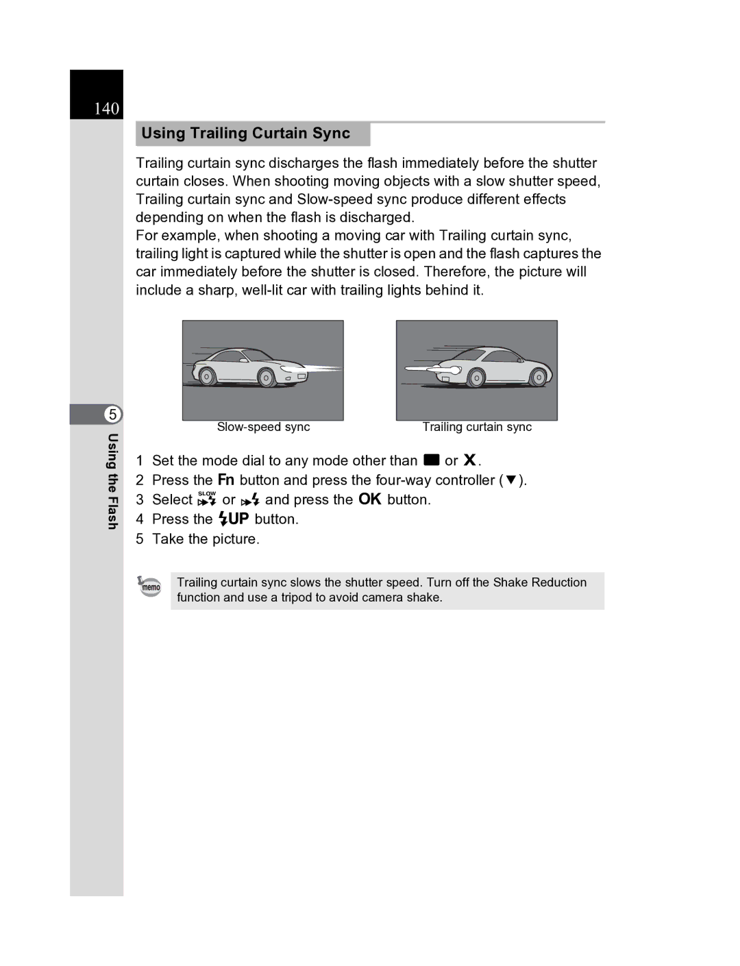 Pentax K20D manual 140, Using Trailing Curtain Sync 