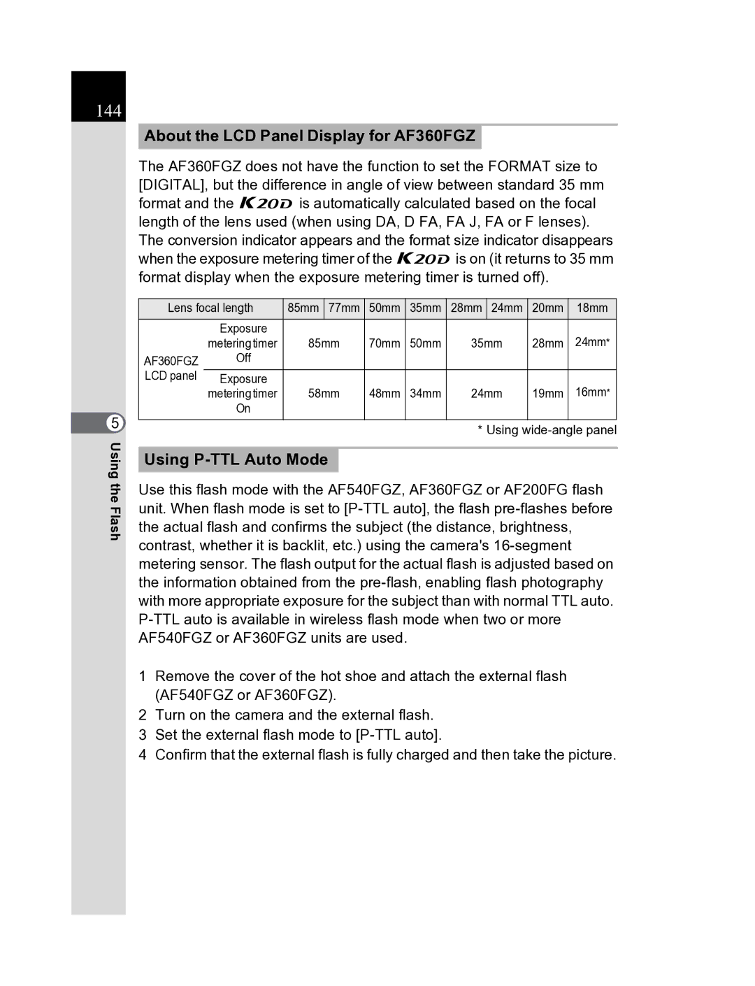 Pentax K20D manual 144, About the LCD Panel Display for AF360FGZ, Using P-TTL Auto Mode 