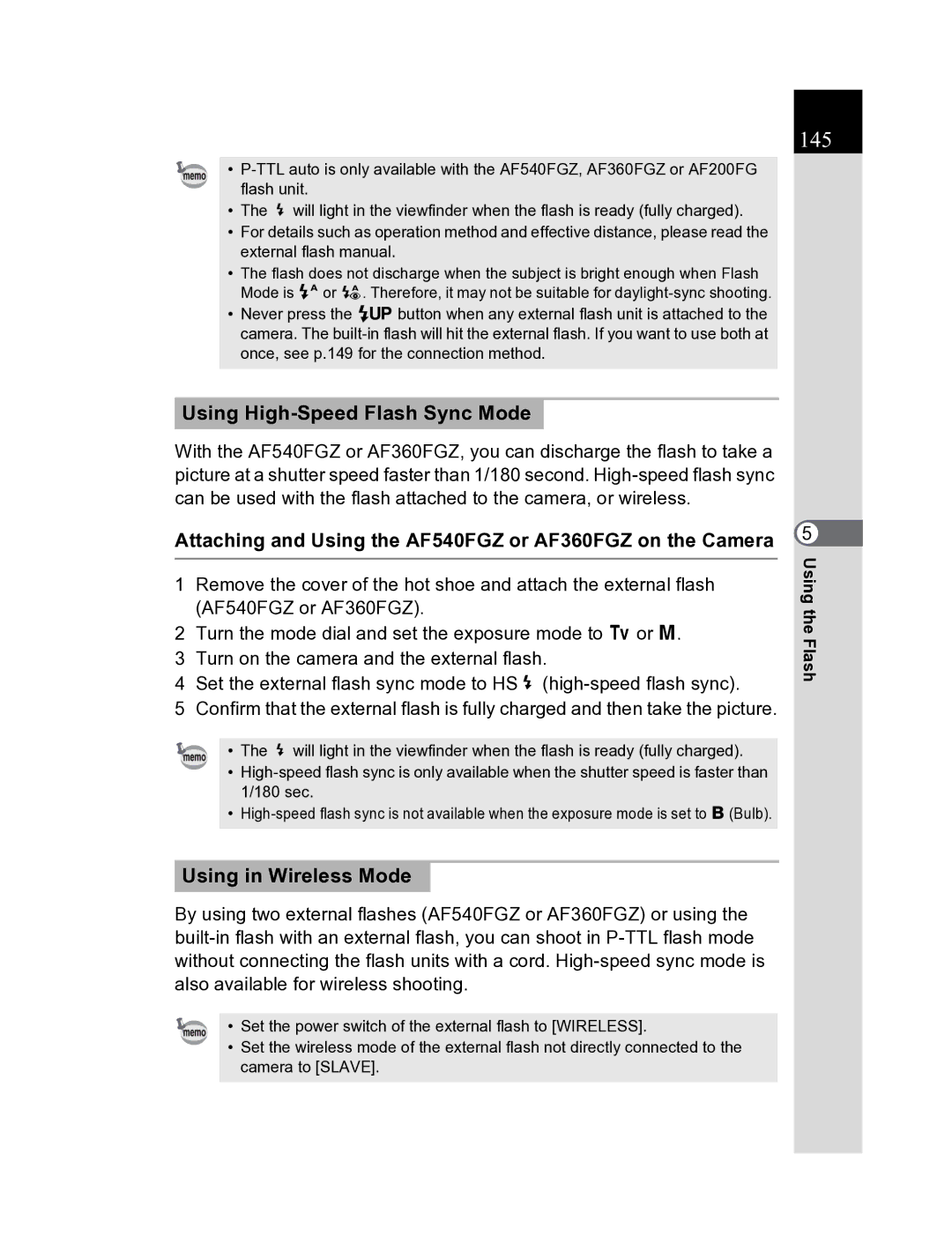 Pentax K20D manual 145, Using High-Speed Flash Sync Mode, Attaching and Using the AF540FGZ or AF360FGZ on the Camera 