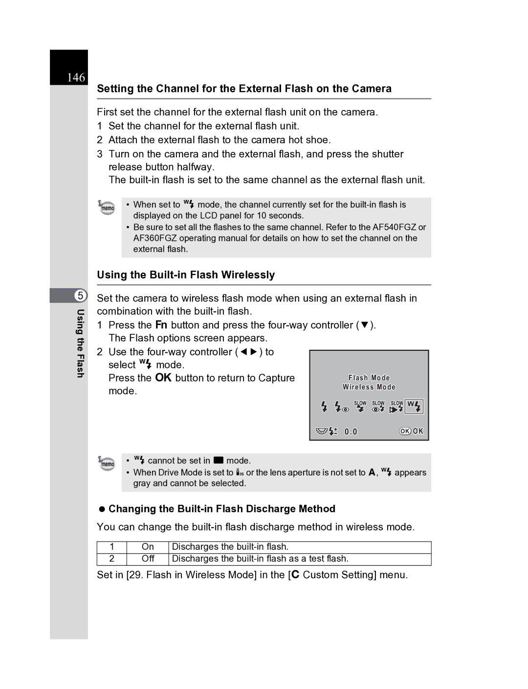 Pentax K20D manual 146, Setting the Channel for the External Flash on the Camera, Using the Built-in Flash Wirelessly 