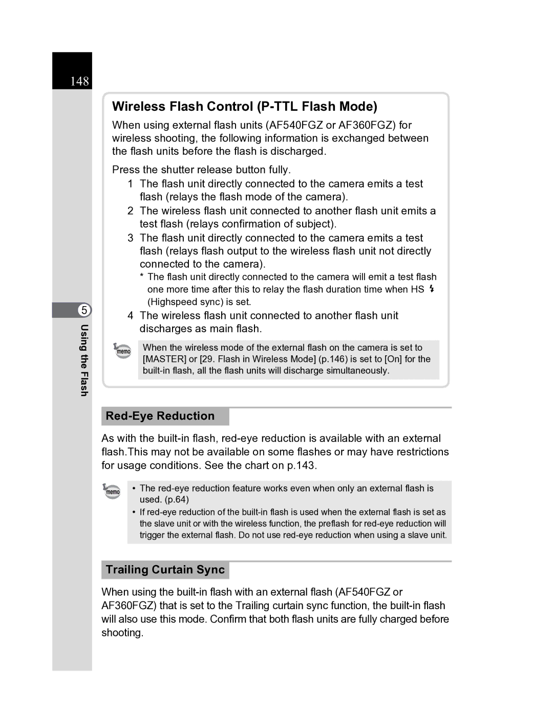Pentax K20D manual 148, Wireless Flash Control P-TTL Flash Mode, Red-Eye Reduction, Trailing Curtain Sync 