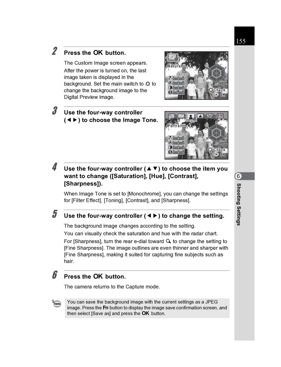 Pentax K20D manual 155, Use the four-way controller 45 to choose the Image Tone 