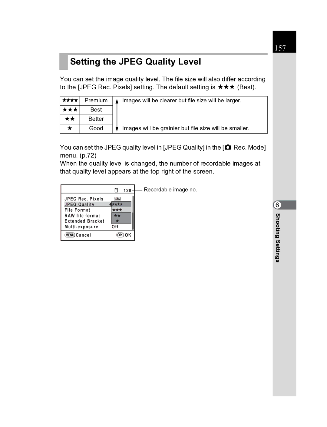 Pentax K20D manual Setting the Jpeg Quality Level, 157 