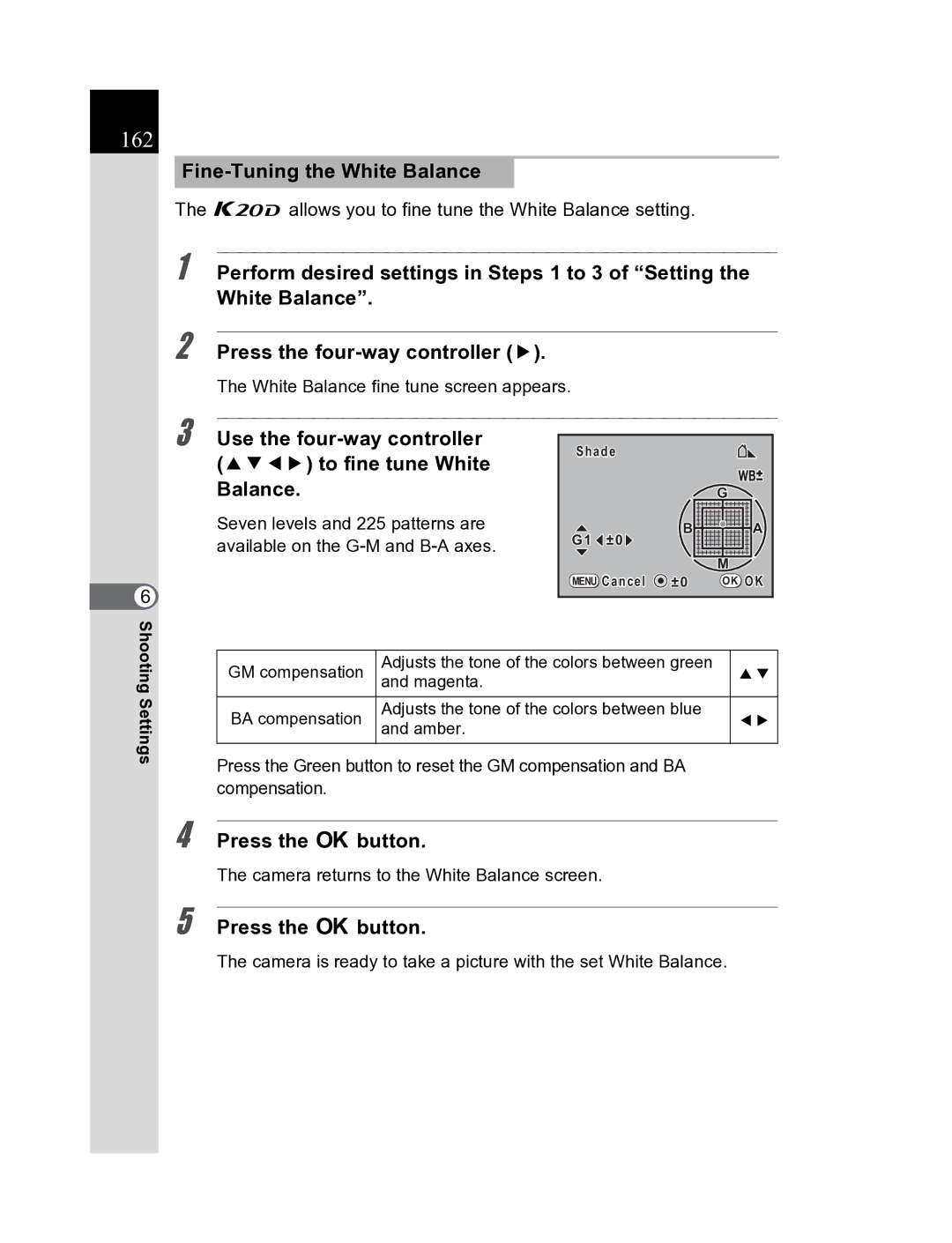 Pentax K20D manual 162, Fine-Tuning the White Balance, Use the four-way controller 2345 to fine tune White Balance 