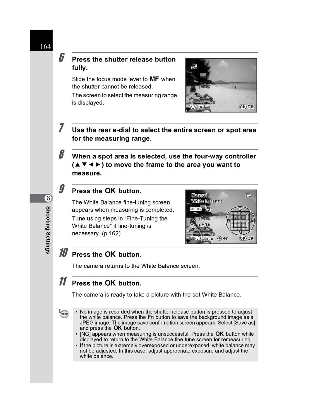 Pentax K20D manual 164, White Balance fine-tuning screen, Appears when measuring is completed 