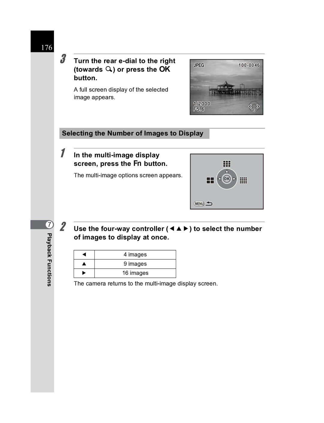 Pentax K20D manual 176, Full screen display of the selected image appears, Multi-image options screen appears 