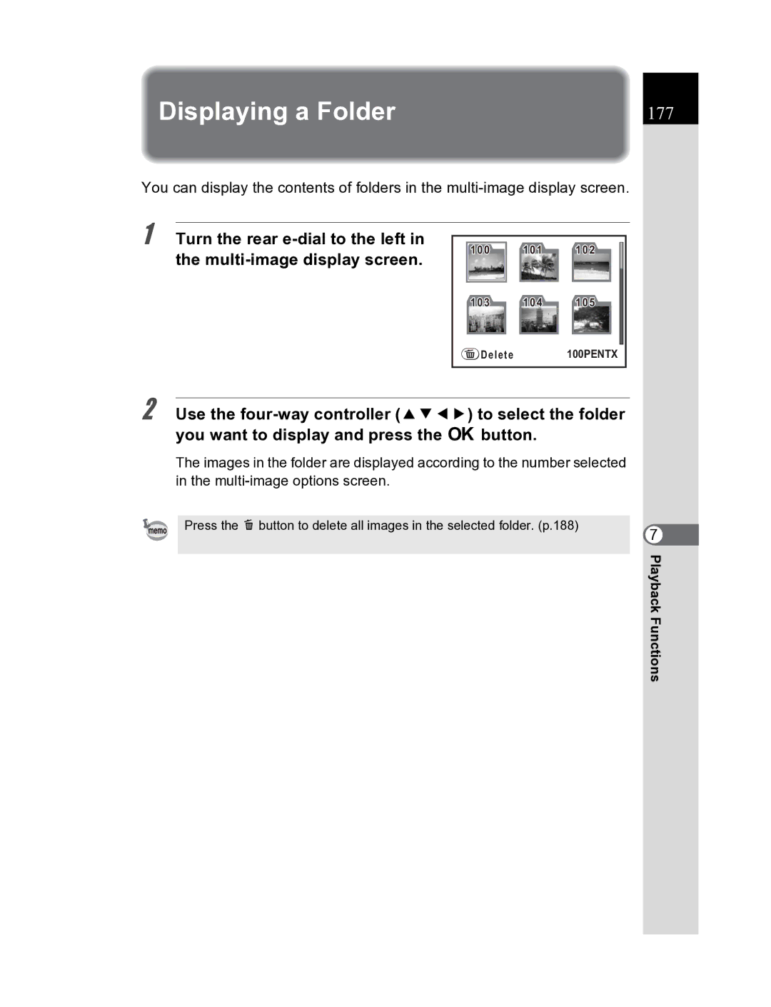 Pentax K20D manual Displaying a Folder, 177, Turn the rear e-dial to the left, Multi-image display screen 