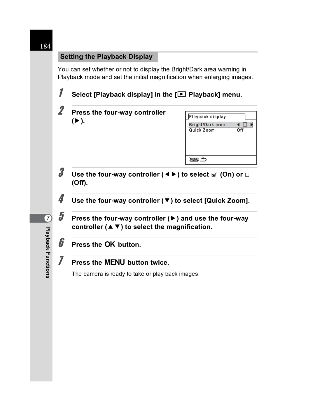 Pentax K20D manual 184, Setting the Playback Display, Camera is ready to take or play back images 