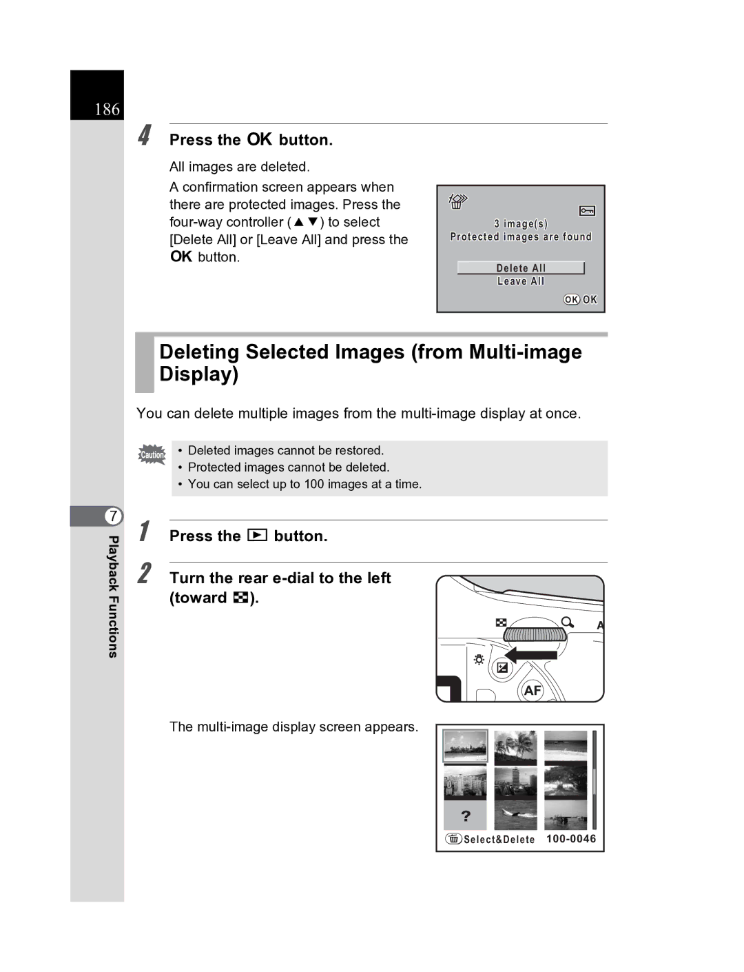 Pentax K20D manual Deleting Selected Images from Multi-image Display, 186 