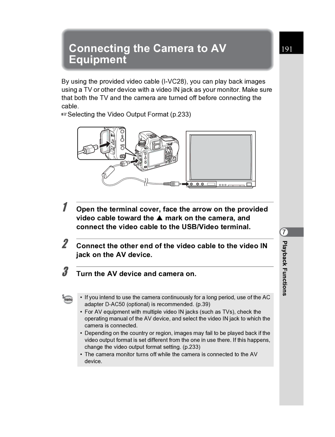 Pentax K20D manual Connecting the Camera to AV, Equipment 