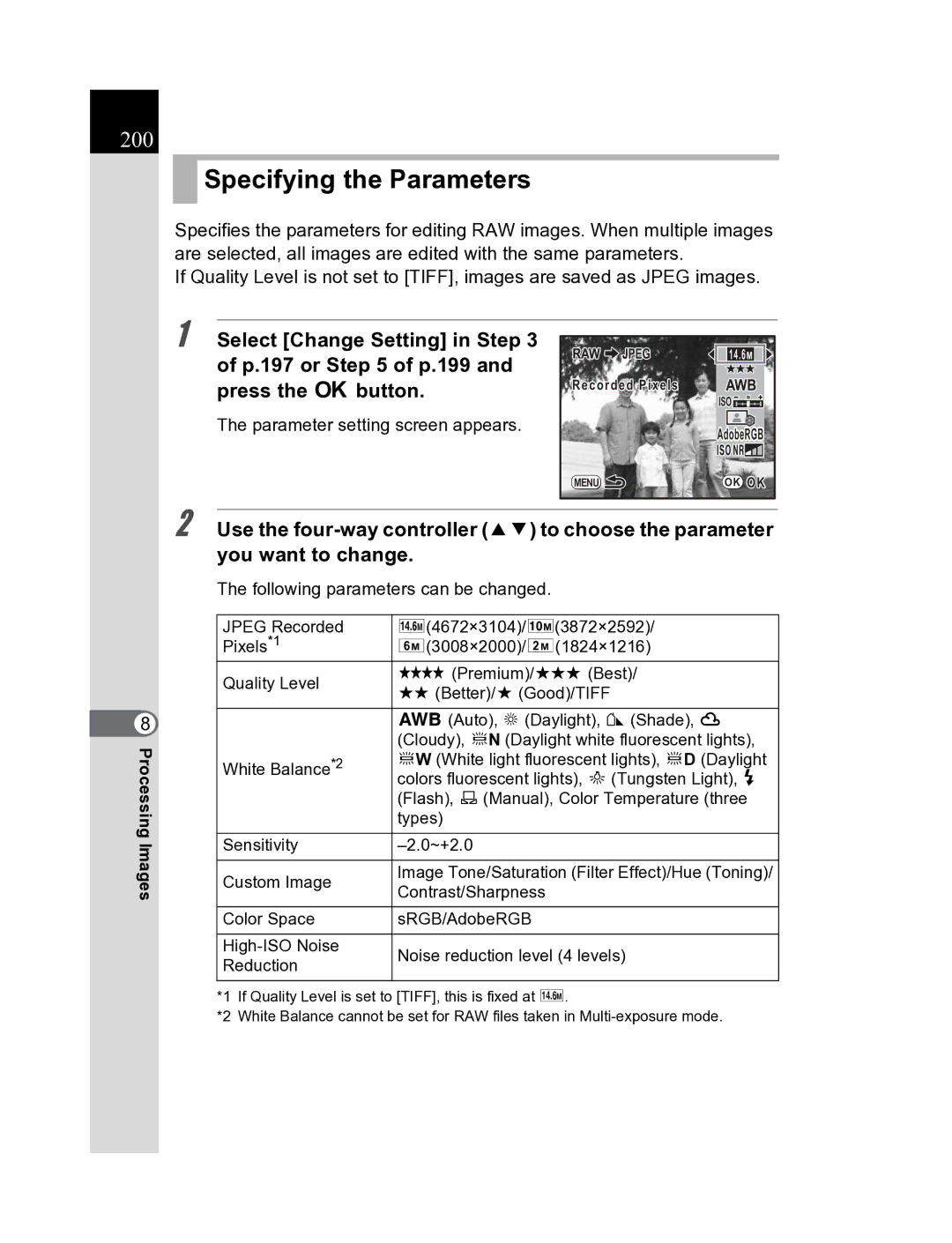 Pentax K20D manual Specifying the Parameters, 200, Parameter setting screen appears, Contrast/Sharpness 