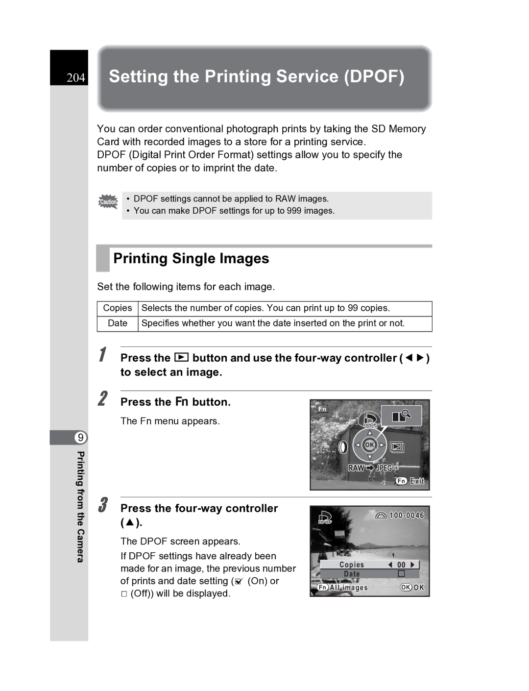 Pentax K20D manual Setting the Printing Service Dpof, Printing Single Images 