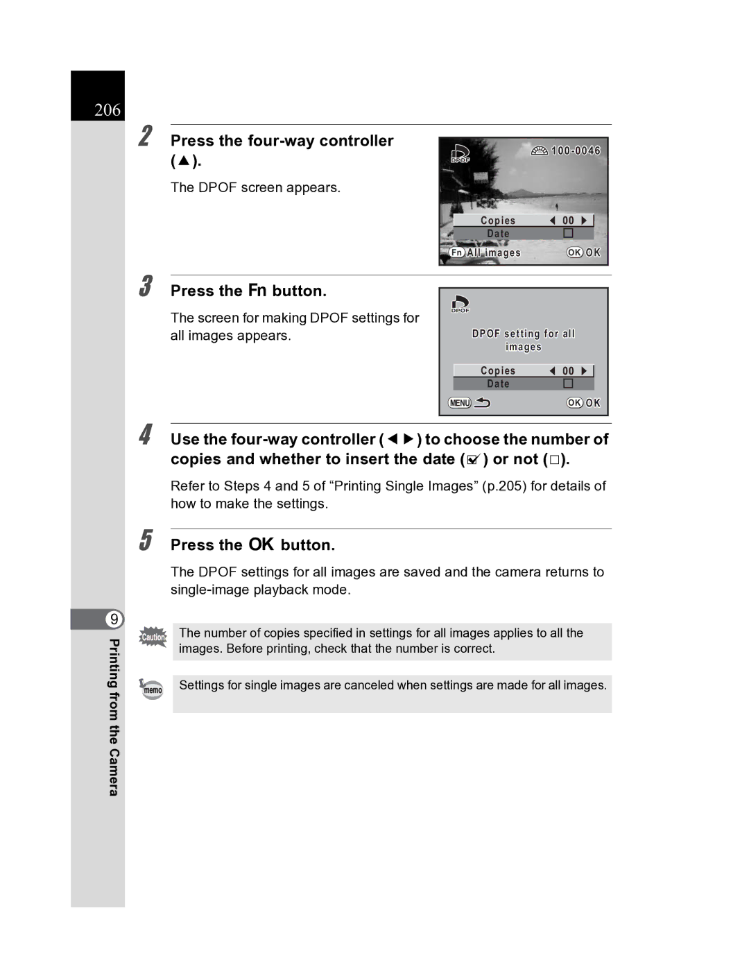 Pentax K20D manual 206, Dpof screen appears, Screen for making Dpof settings for all images appears 