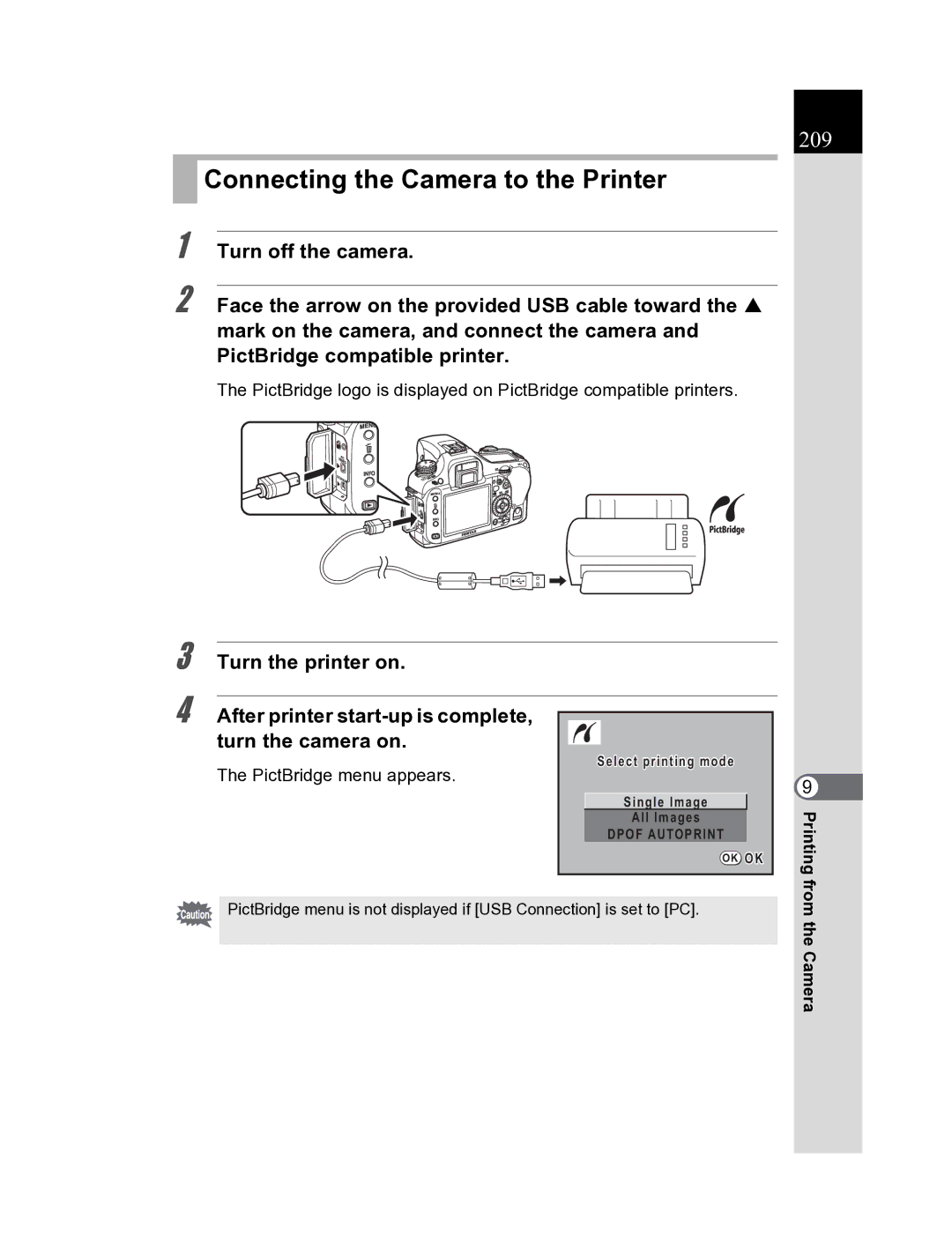 Pentax K20D manual Connecting the Camera to the Printer, 209, PictBridge menu appears 