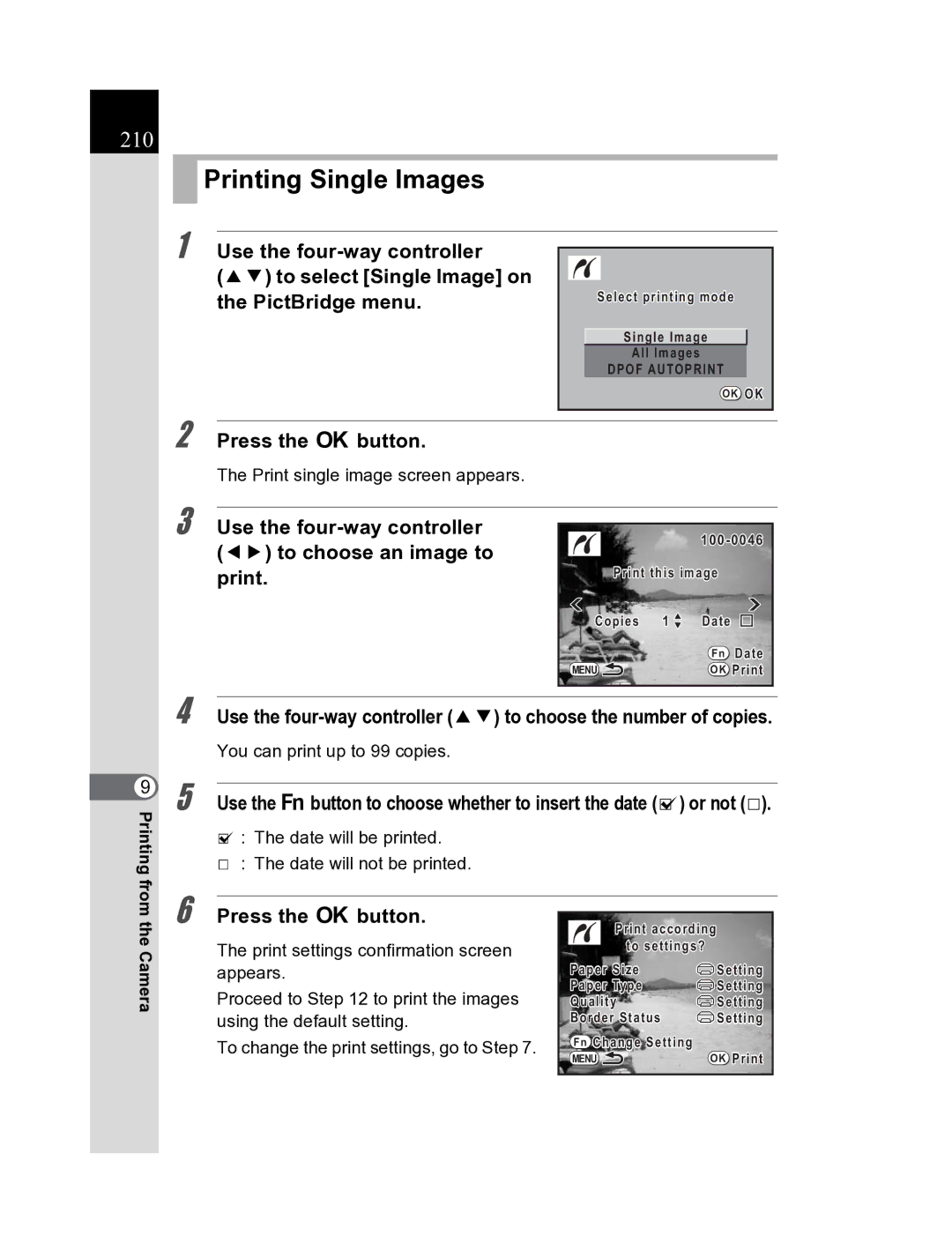 Pentax K20D manual 210, Use the four-way controller 45 to choose an image to print, Print single image screen appears 