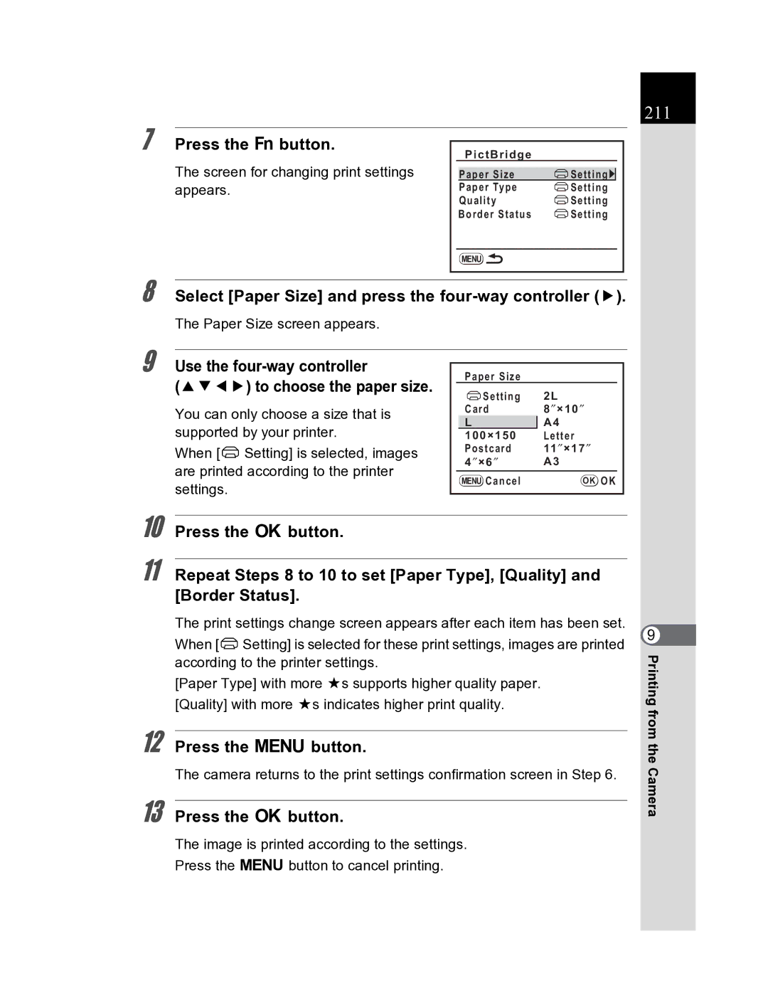 Pentax K20D manual 211, Select Paper Size and press the four-way controller, Screen for changing print settings appears 