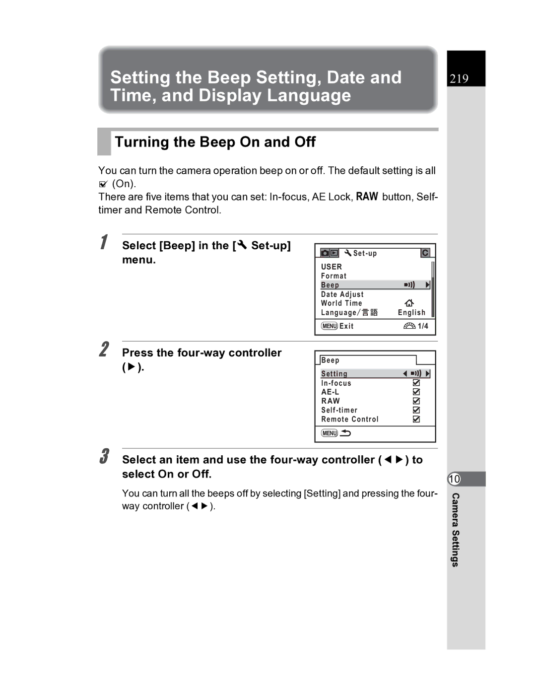 Pentax K20D manual Setting the Beep Setting, Date, Time, and Display Language, Turning the Beep On and Off 