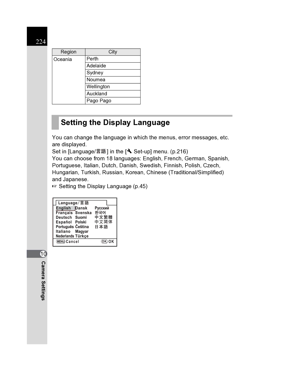 Pentax K20D manual Setting the Display Language, 224 