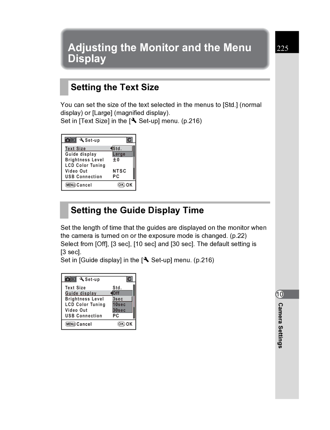 Pentax K20D manual Adjusting the Monitor and the Menu, Setting the Text Size, Setting the Guide Display Time 