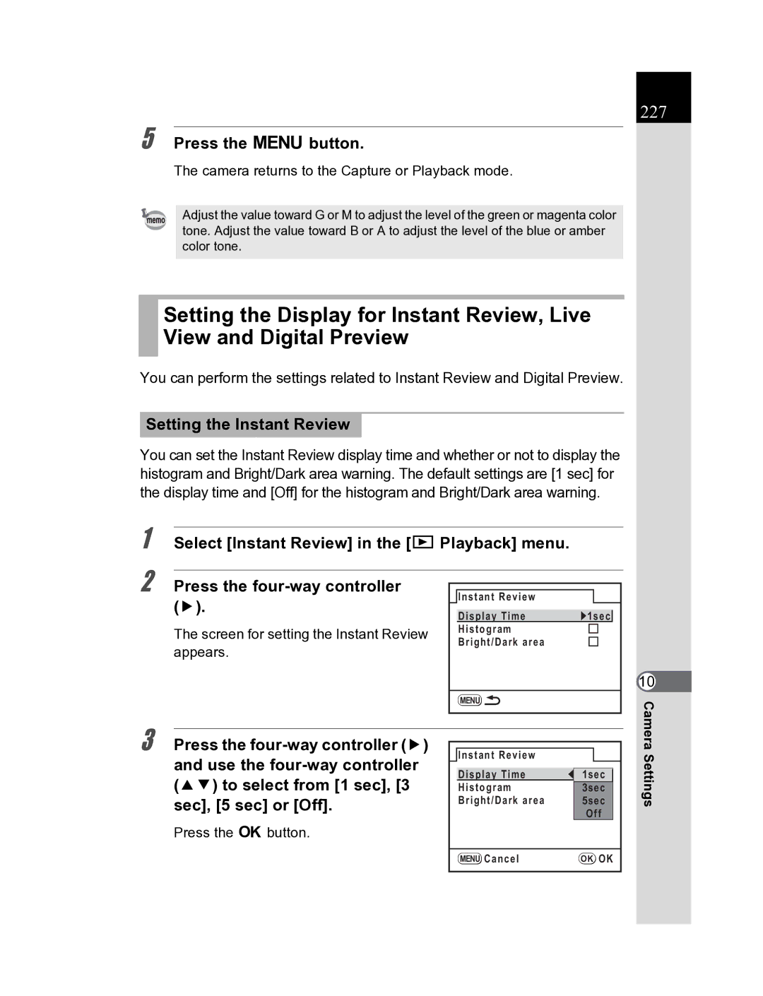 Pentax K20D manual 227, Setting the Instant Review, Press the 4button 