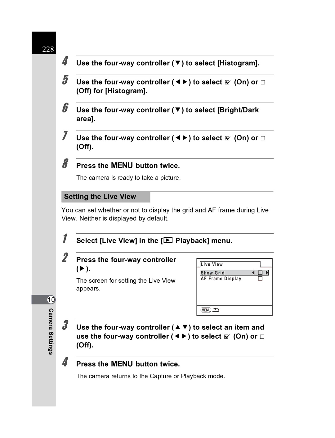 Pentax K20D manual 228, Setting the Live View, Select Live View in the Q Playback menu 