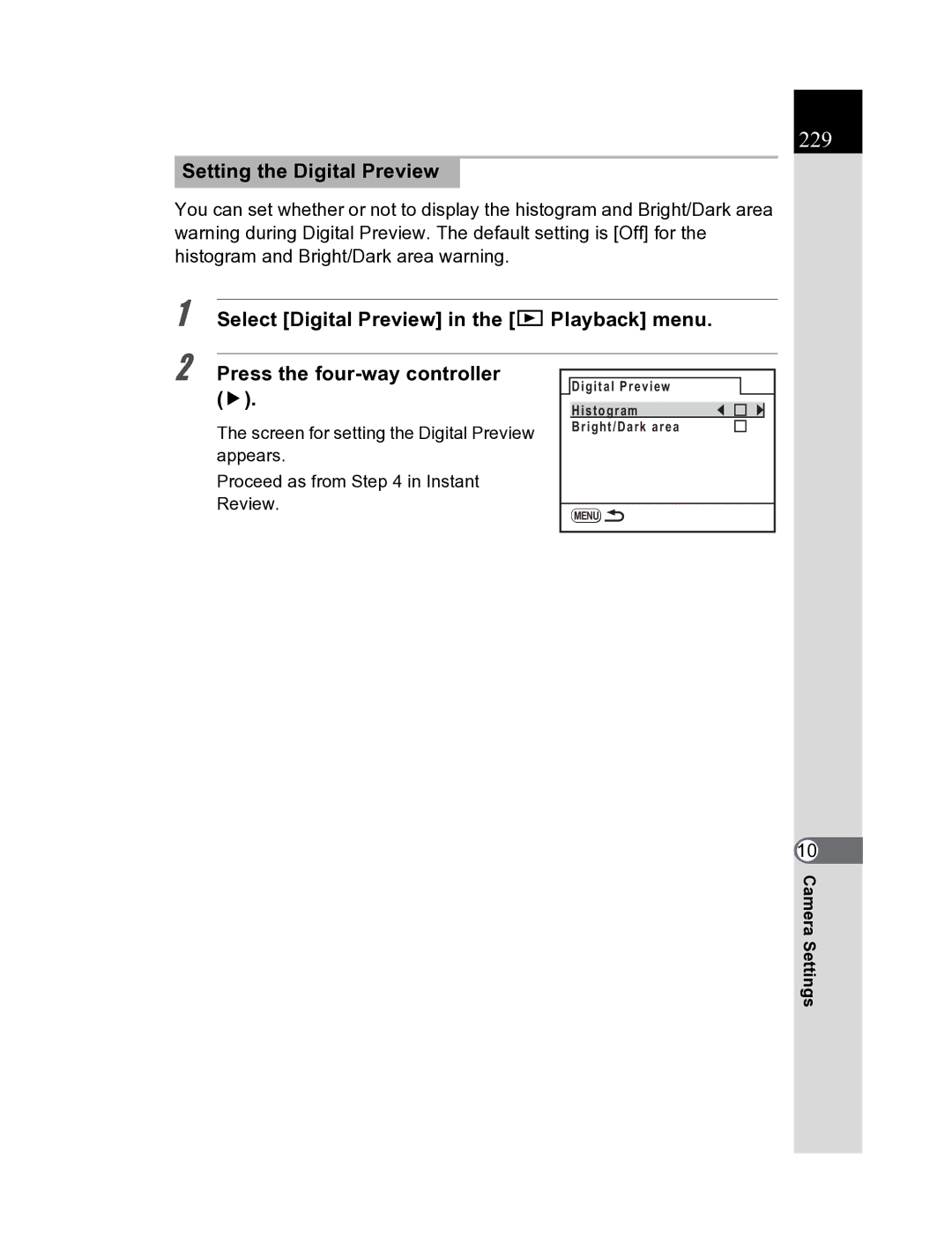 Pentax K20D manual 229, Setting the Digital Preview 