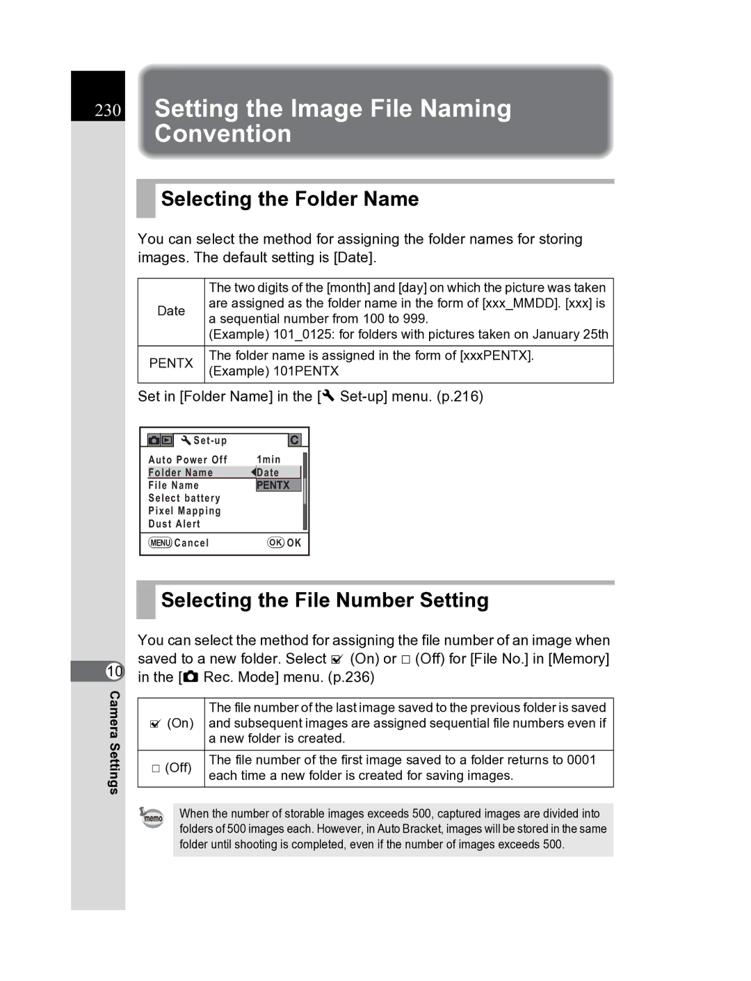 Pentax K20D manual Setting the Image File Naming Convention, Selecting the Folder Name, Selecting the File Number Setting 