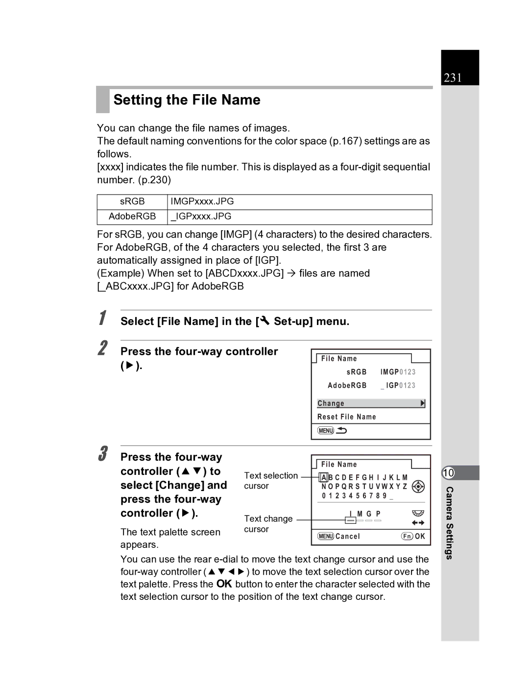 Pentax K20D manual Setting the File Name, 231 