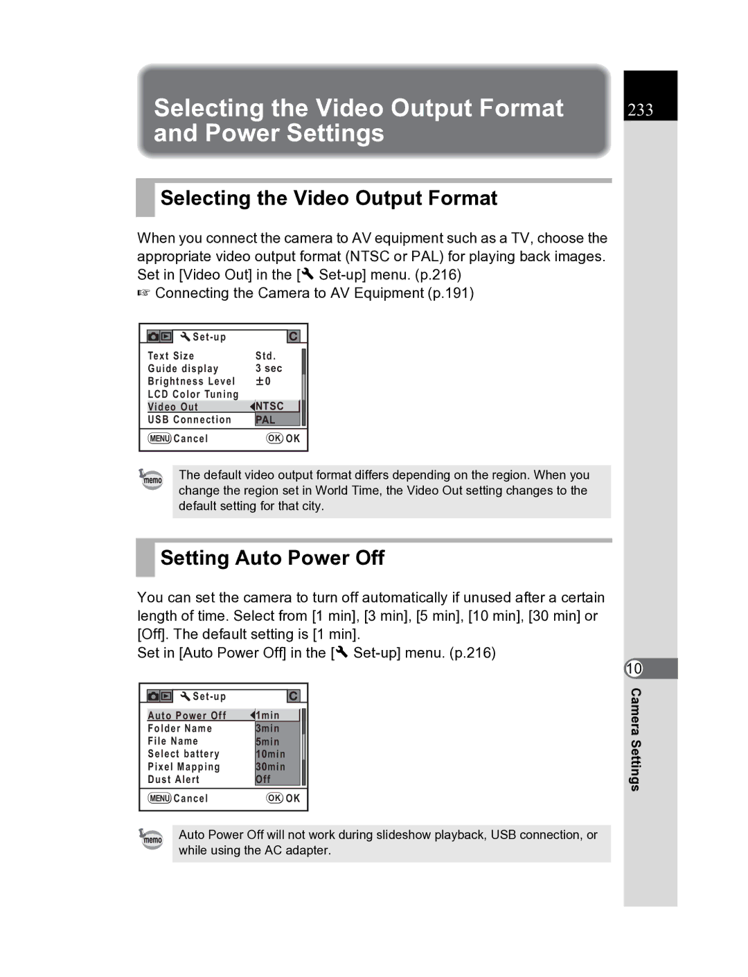 Pentax K20D manual Selecting the Video Output Format, Power Settings, Setting Auto Power Off 