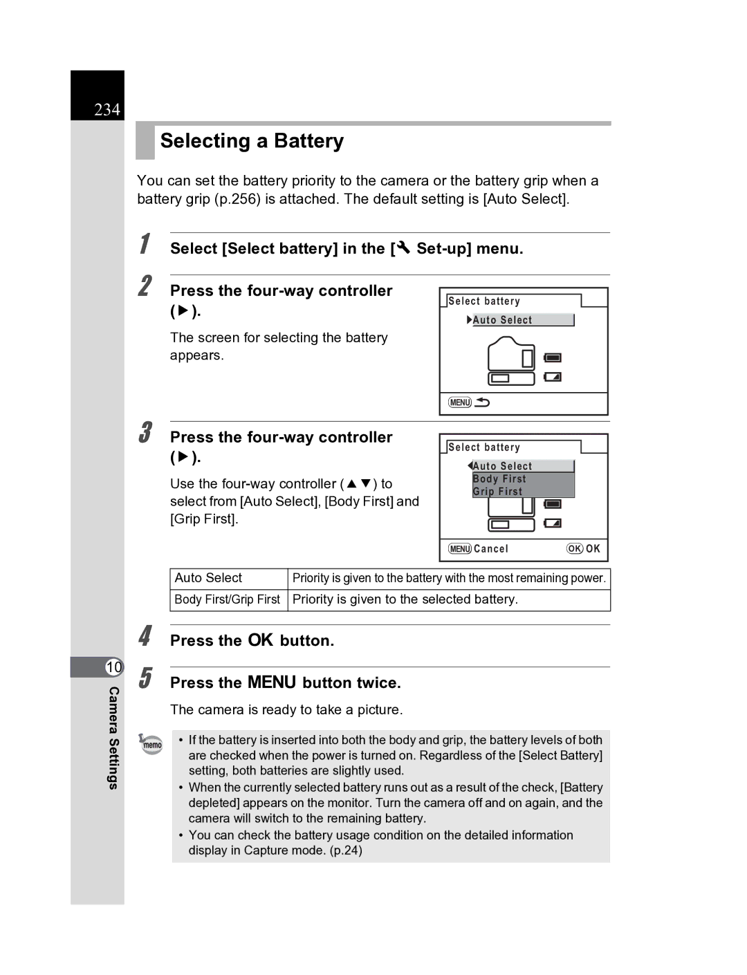 Pentax K20D manual Selecting a Battery, 234, Press the 4button Press the 3button twice 