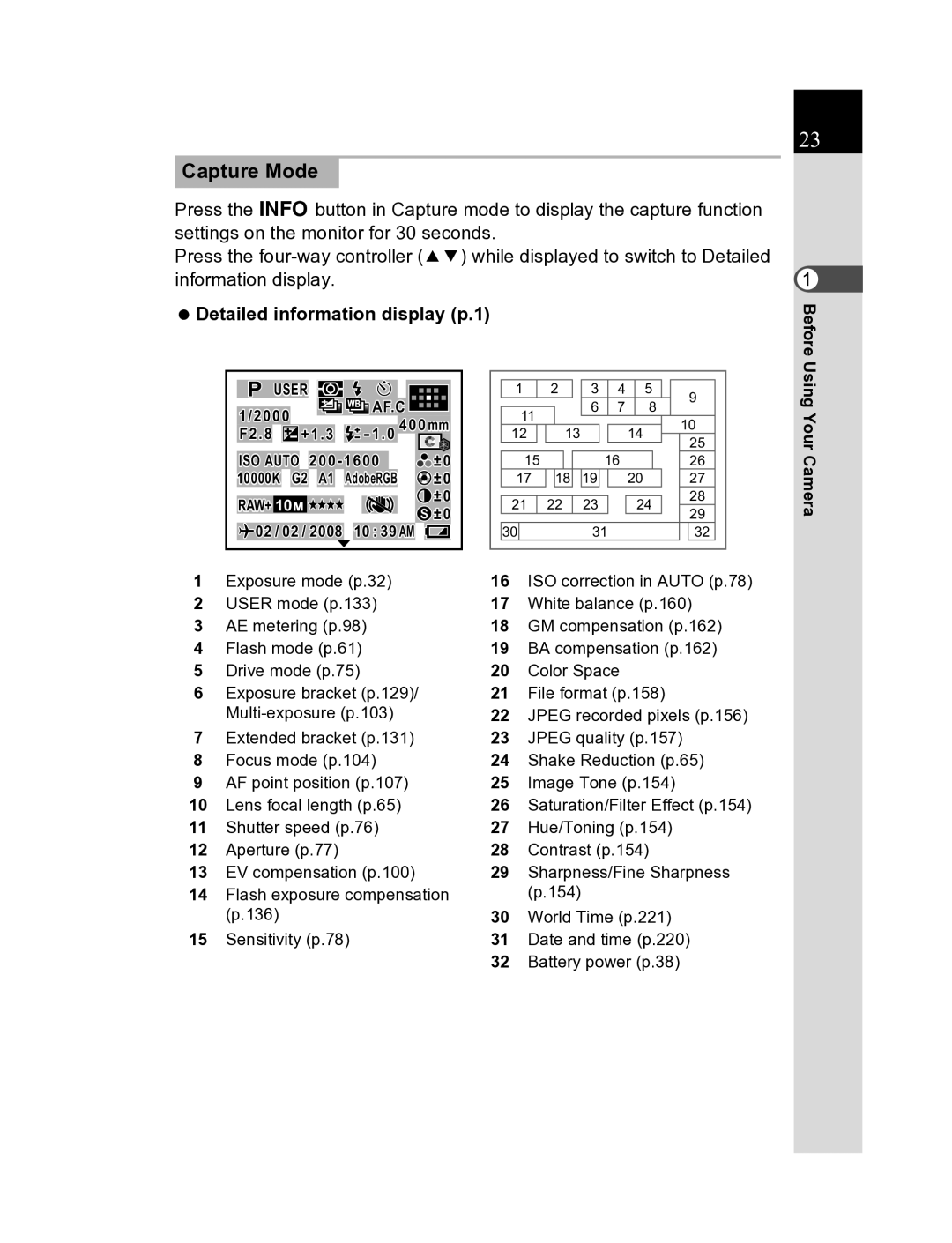 Pentax K20D manual Capture Mode, Detailed information display p.1 