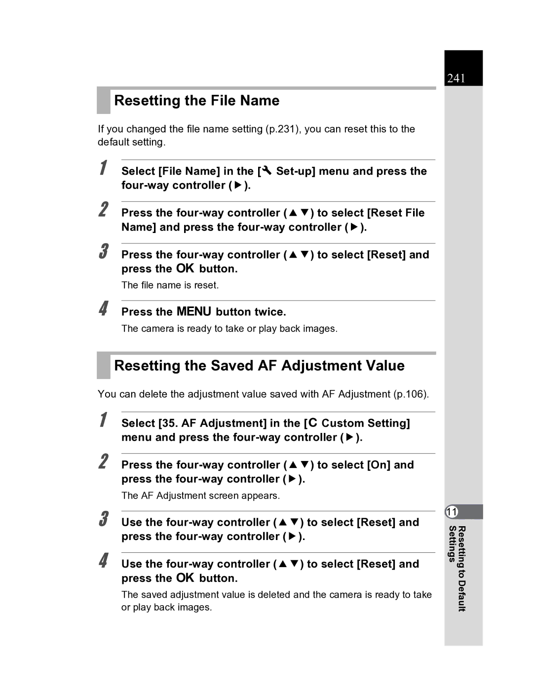 Pentax K20D manual Resetting the File Name, 241, File name is reset 