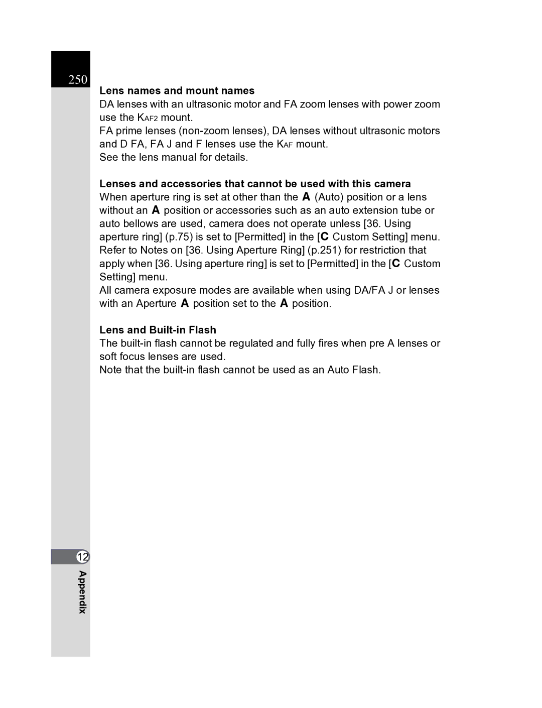 Pentax K20D manual 250, Lens names and mount names, Lens and Built-in Flash 