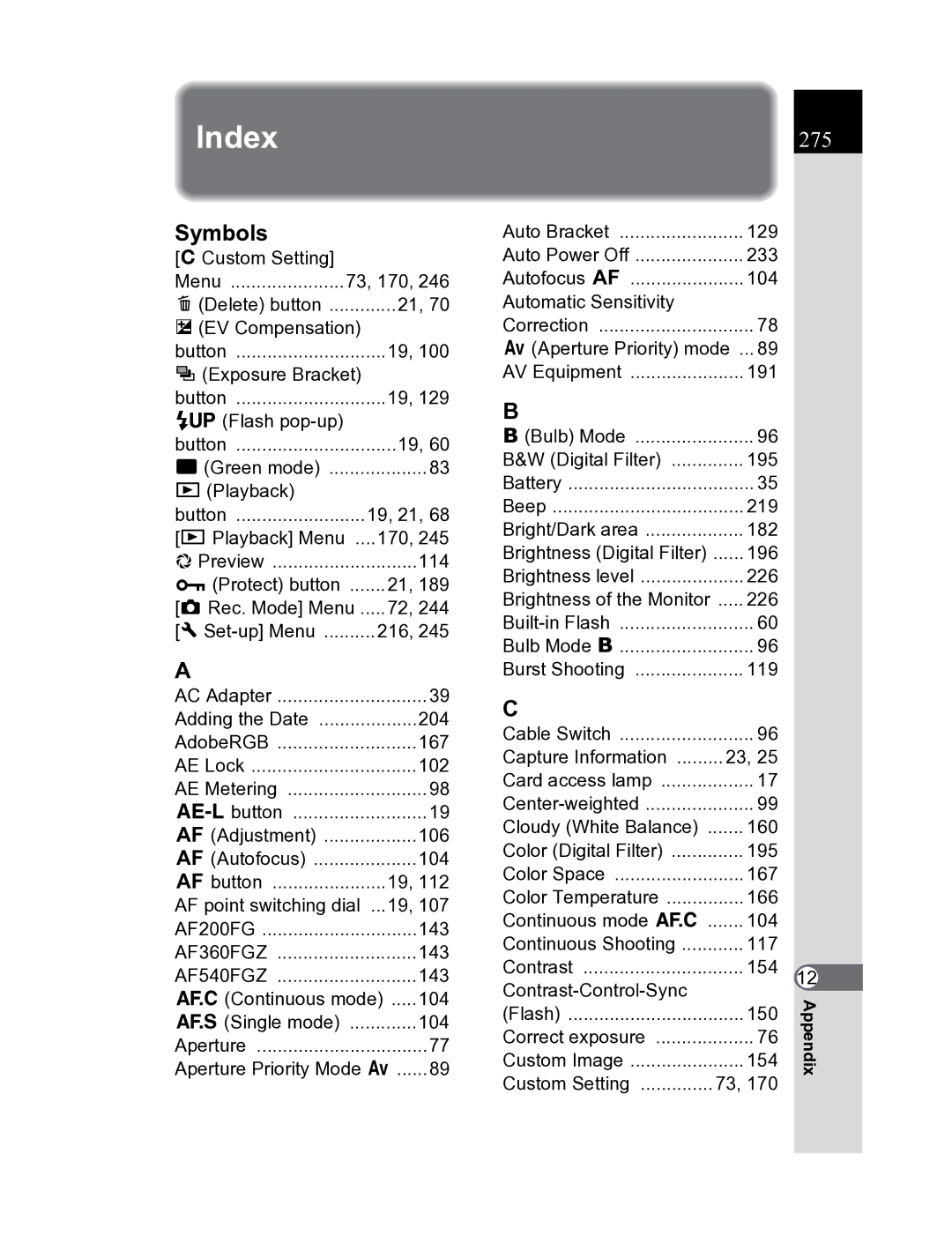 Pentax K20D manual Index, Symbols, 275 