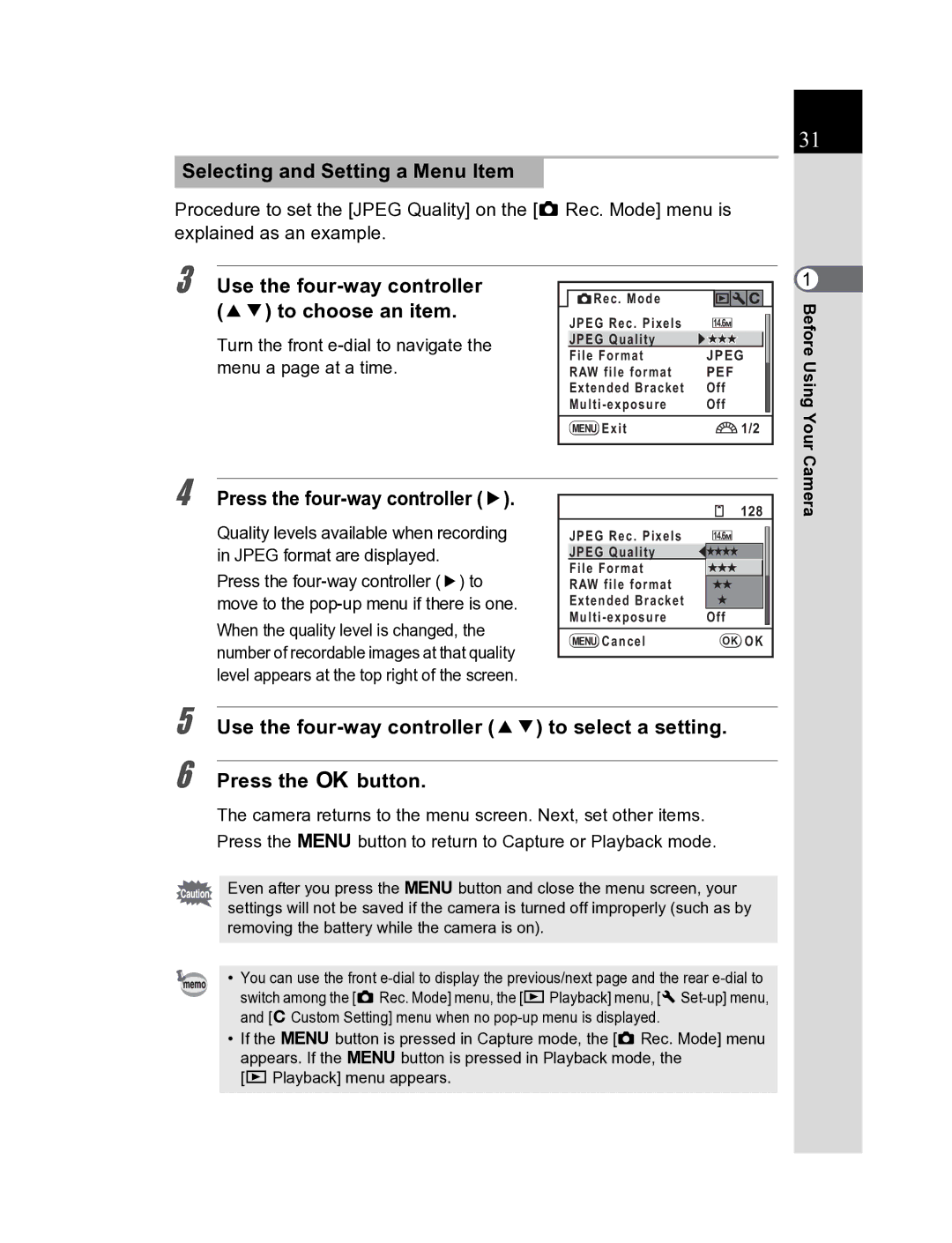 Pentax K20D manual Selecting and Setting a Menu Item, Use the four-way controller 23 to choose an item 