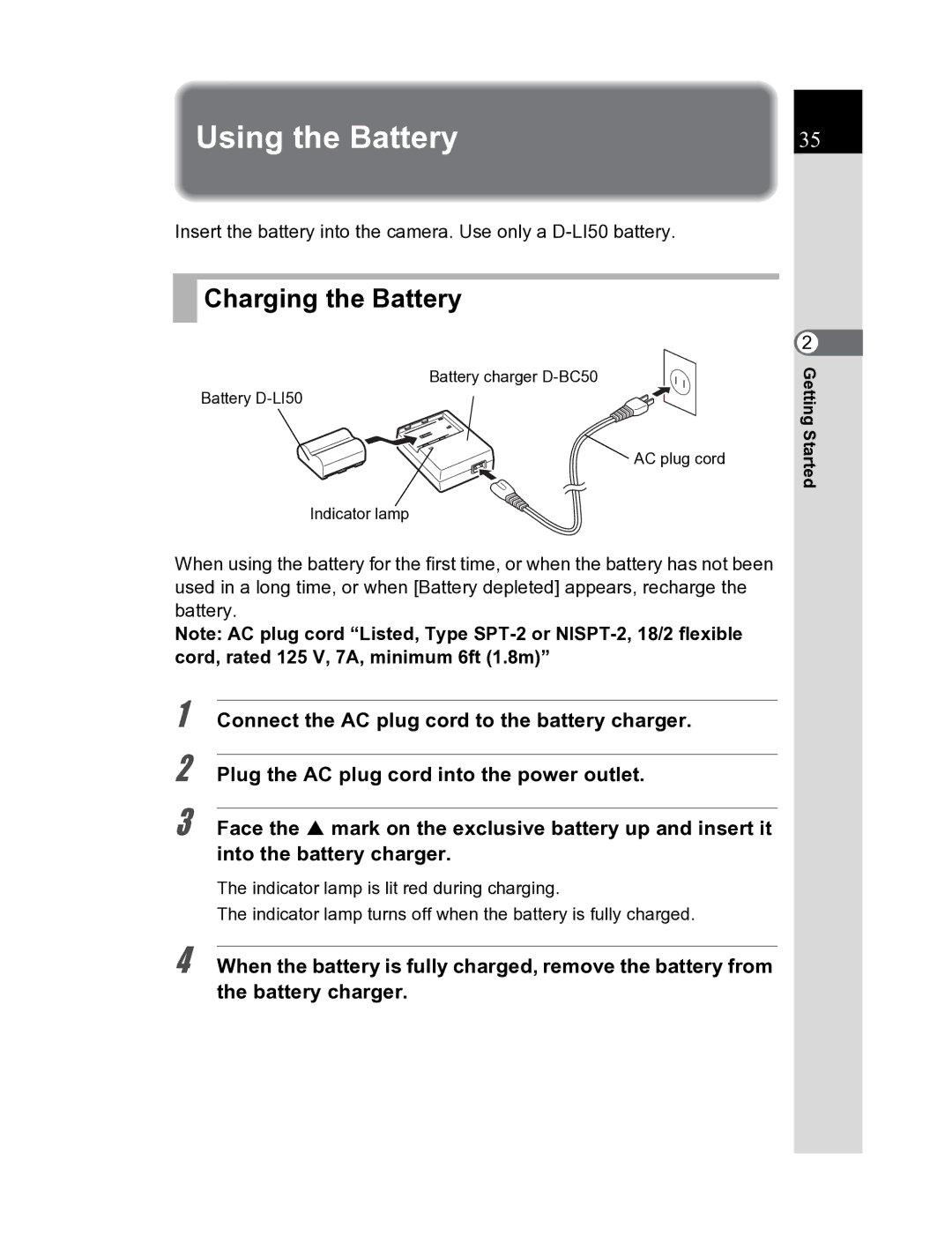 Pentax K20D manual Using the Battery, Charging the Battery 