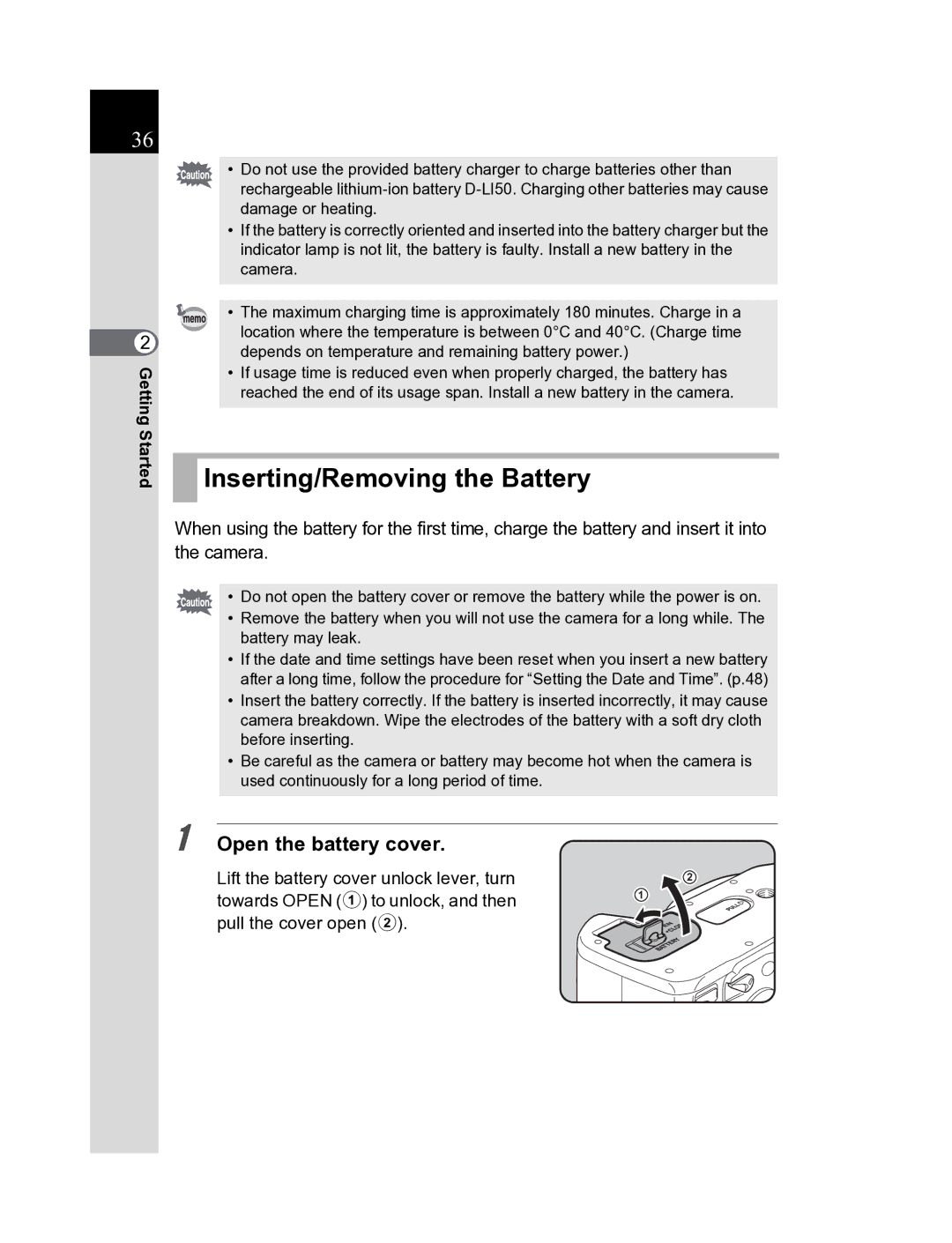 Pentax K20D manual Inserting/Removing the Battery, Open the battery cover 