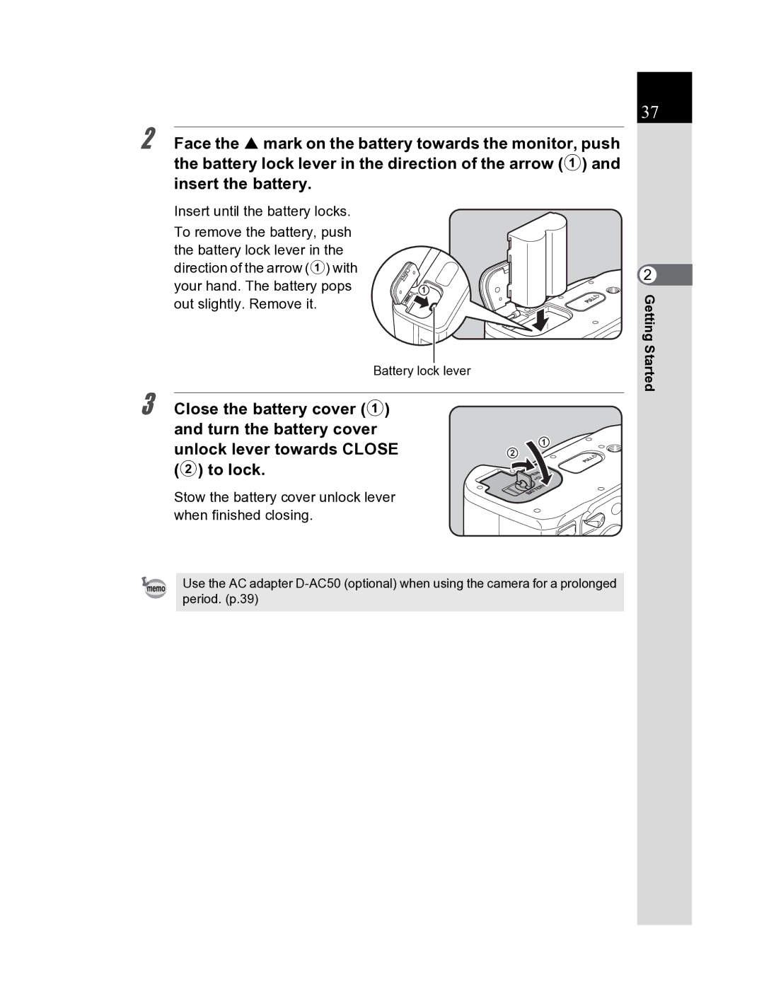 Pentax K20D manual Stow the battery cover unlock lever when finished closing 