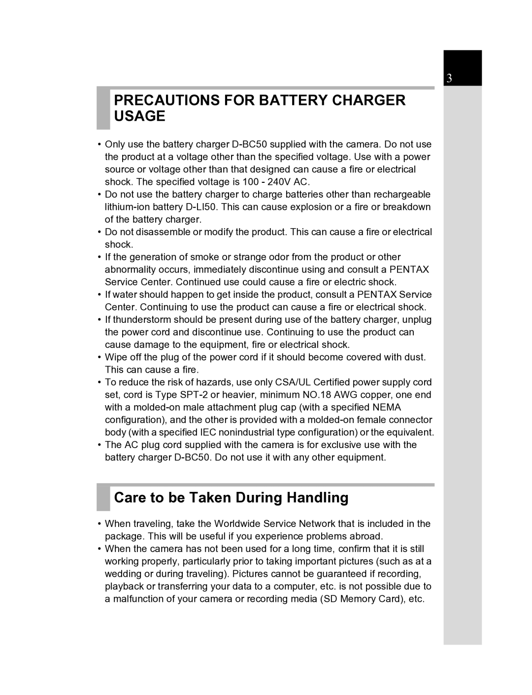 Pentax K20D manual Precautions for Battery Charger Usage, Care to be Taken During Handling 