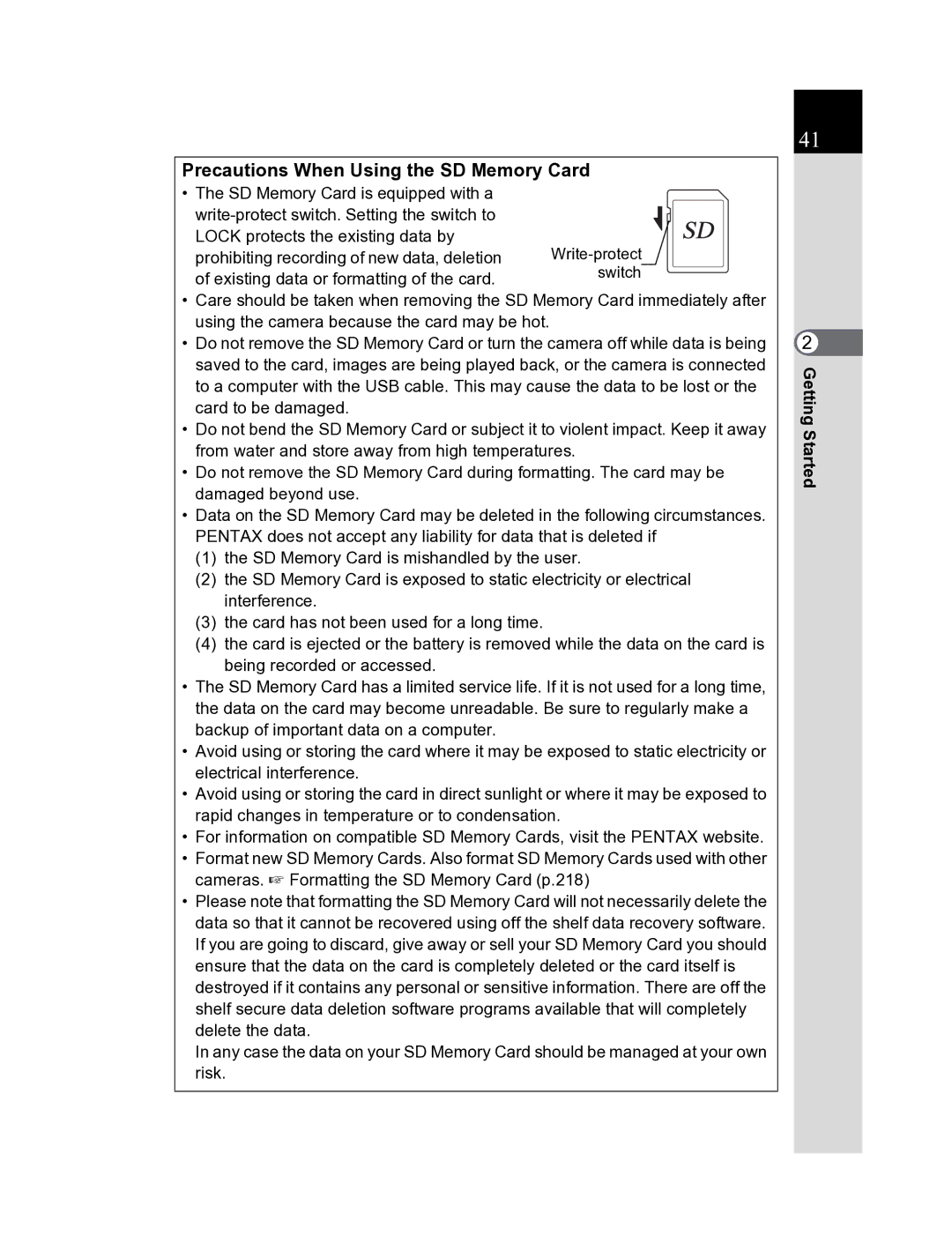 Pentax K20D manual Precautions When Using the SD Memory Card 